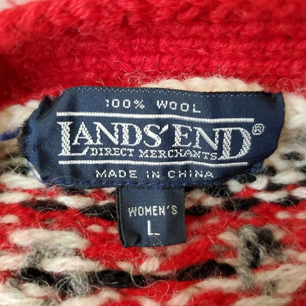 Vintage Lands' End Cardigan Sweater Womens Size Large Red Grid Floral Wool Knit - Picture 9 of 10